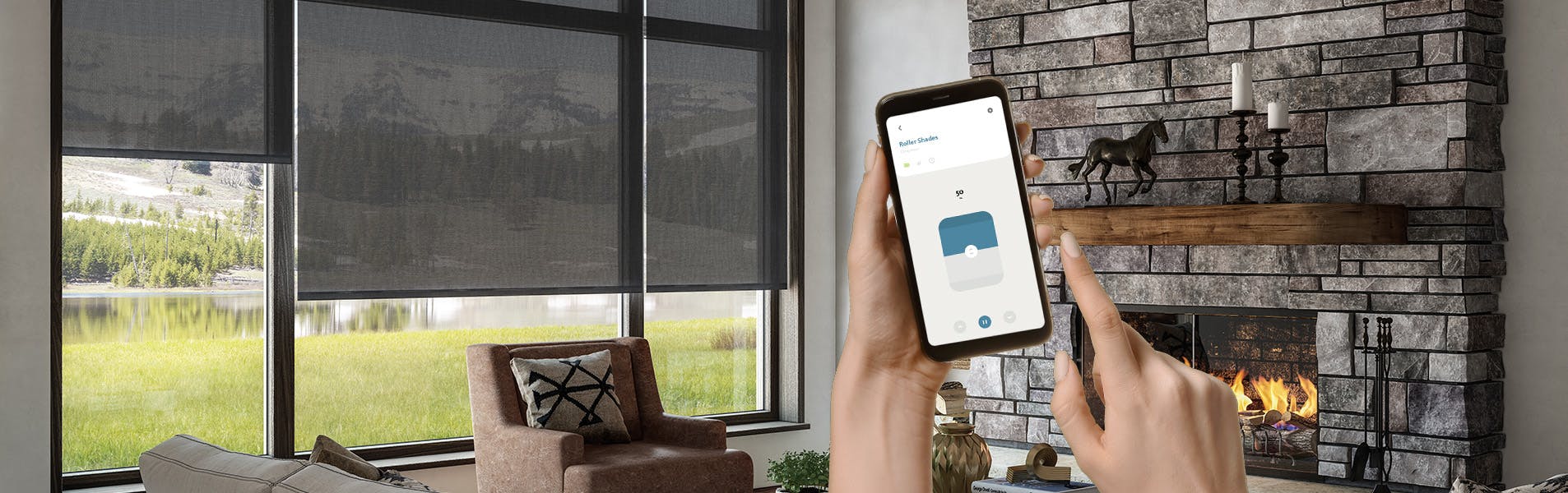 Hands controlling Roller Shades with the BLISS Automation App