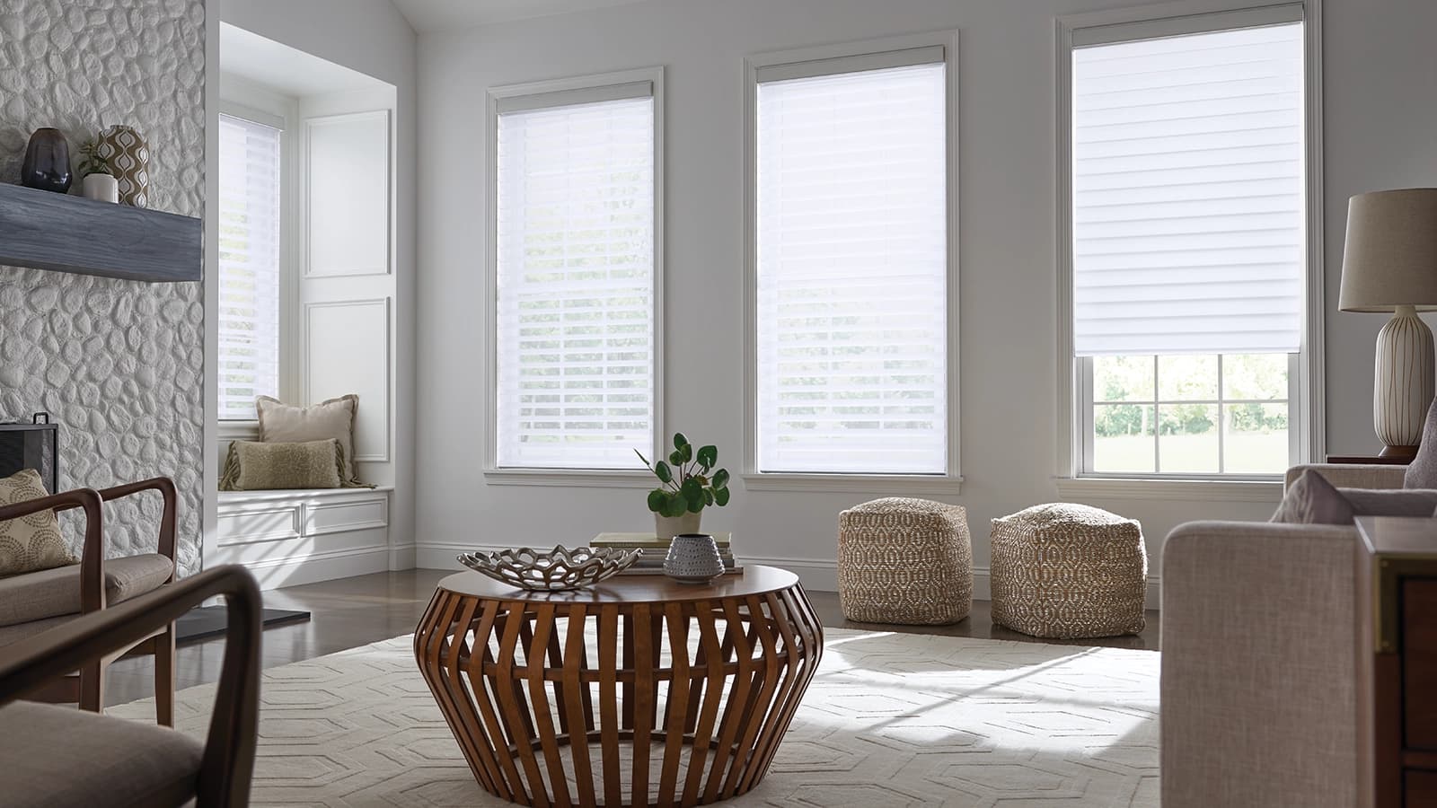 Bright and airy mid-century modern living room featuring motorized sheer shadings. Perfect for light control, privacy andand cord-free safety for children and pets.